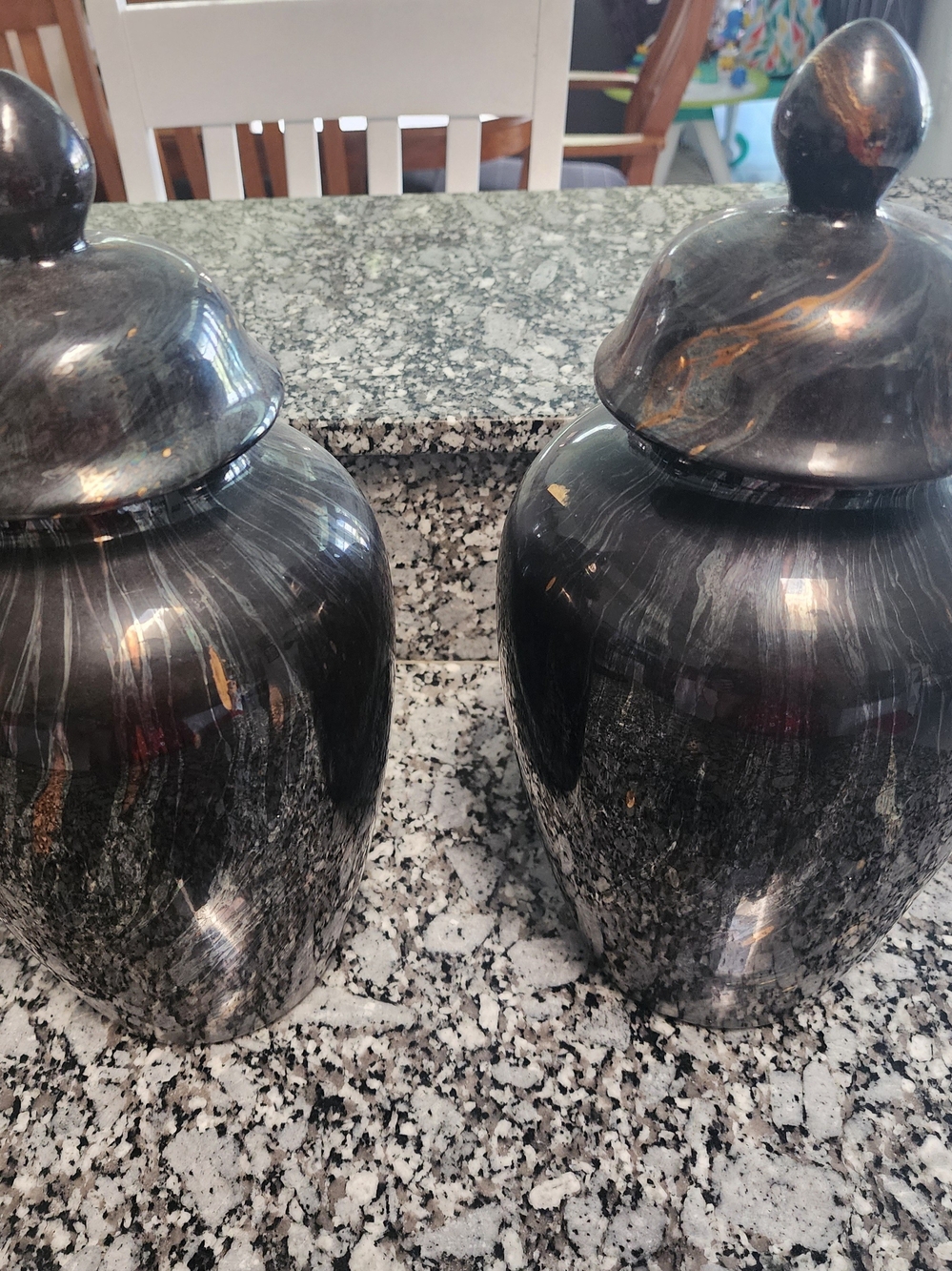 Pair of Black Marble-Effect Lidded Accent Jars